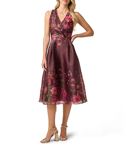 Adrianna Papell Surplice Neck Sleeveless Floral Print Organza Dress
