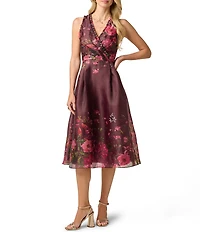Adrianna Papell Surplice Neck Sleeveless Floral Print Organza Dress