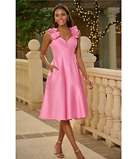 Adrianna Papell Sweetheart Neck 3D Floral Strap Mikado Fit & Flare Midi Dress