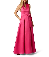 Adrianna Papell Taffeta Mikado V-Neck Sleeveless Tie Front Gown