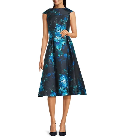 Adrianna Papell Taffeta Roll Collar Floral Print Midi Dress