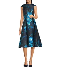 Adrianna Papell Taffeta Roll Collar Floral Print Midi Dress