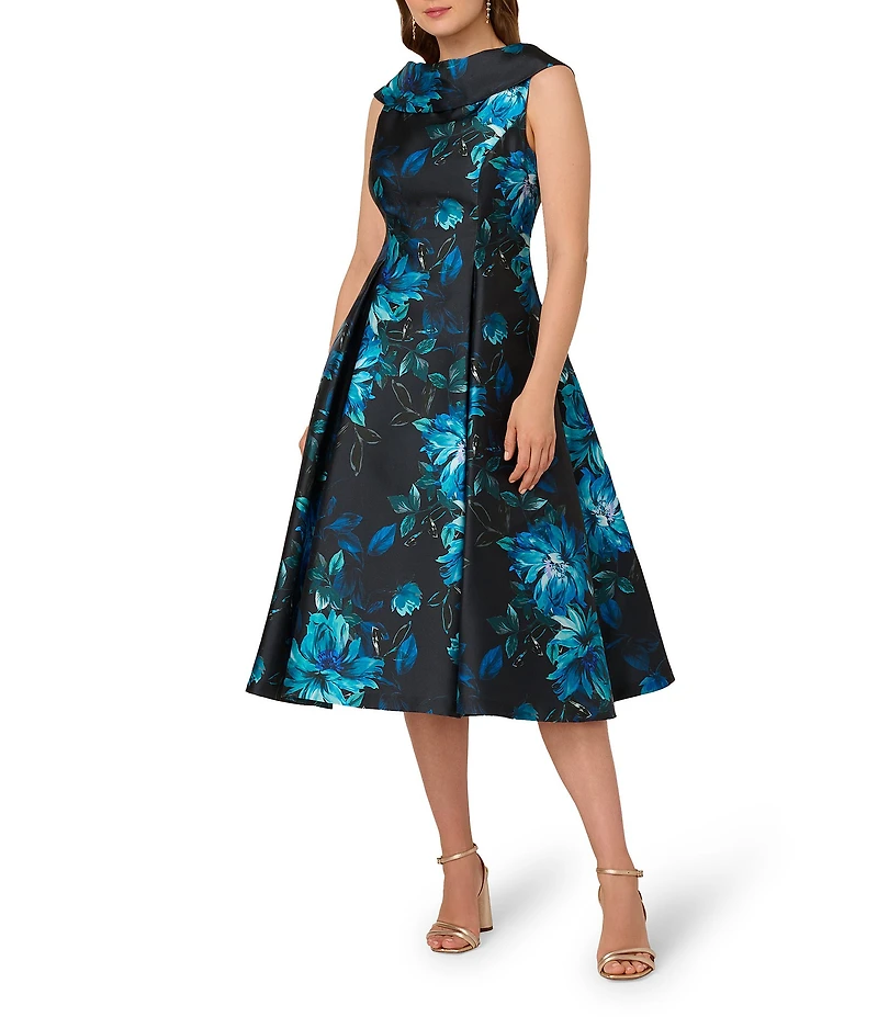 Adrianna Papell Taffeta Roll Collar Floral Print Midi Dress