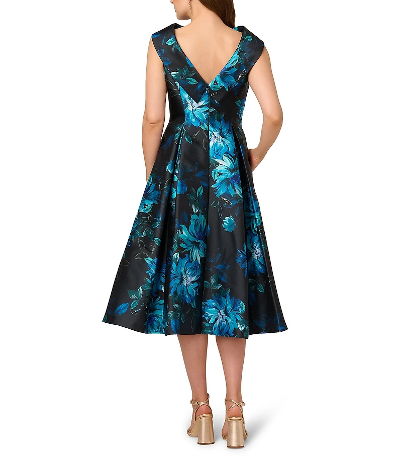 Adrianna Papell Taffeta Roll Collar Floral Print Midi Dress
