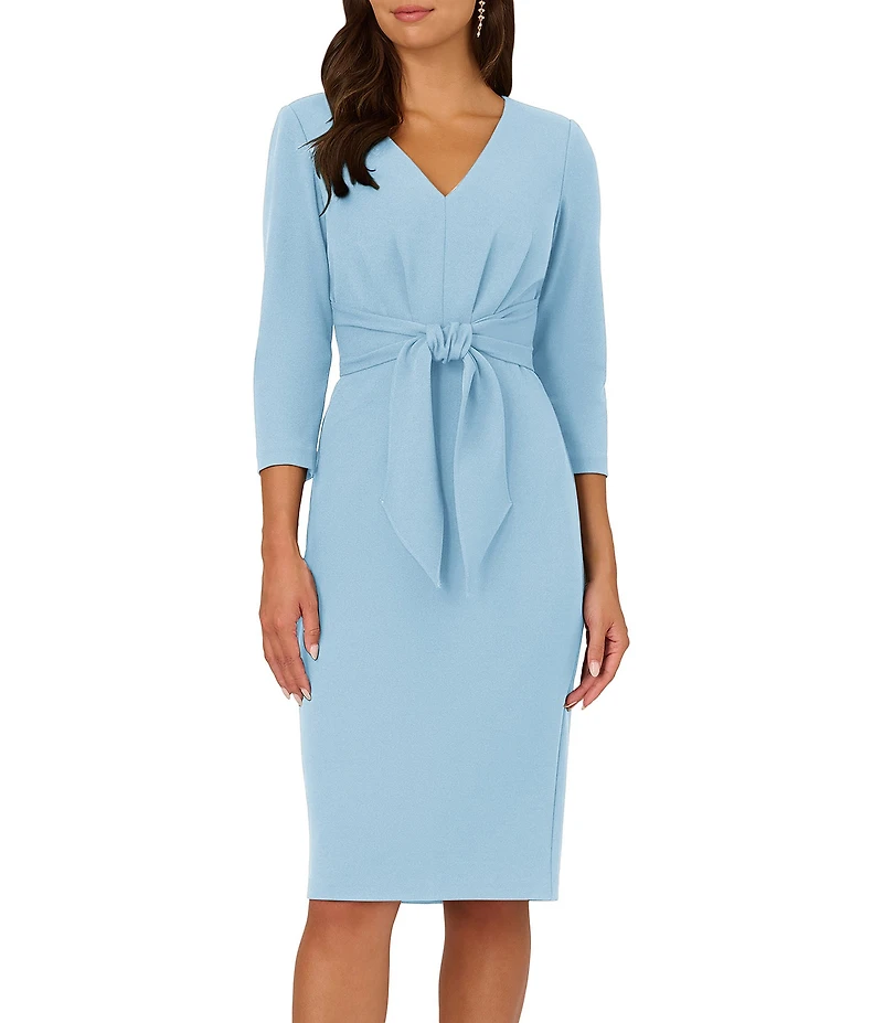 Adrianna Papell Tie Front V Neck Knit Crepe Dress