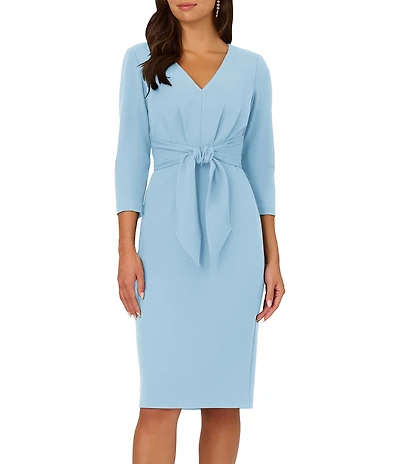 Adrianna Papell Tie Front V Neck Knit Crepe Dress
