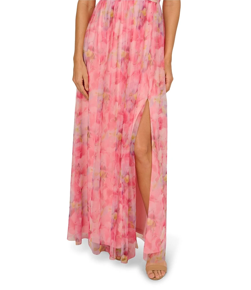 Adrianna Papell Tulle Floral Print Off-The-Shoulder Neck Short Sleeve A-Line Gown