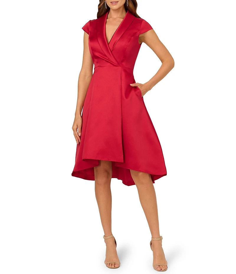 Adrianna Papell Tuxedo Collar V Neckline Cap Sleeve Hi Lo Fit and Flare Dress