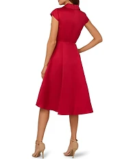 Adrianna Papell Tuxedo Collar V Neckline Cap Sleeve Hi Lo Fit and Flare Dress