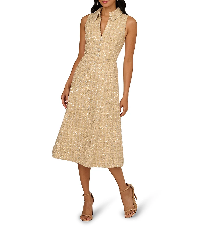 Adrianna Papell Tweed Collar V-Neck Shirt Midi Dress
