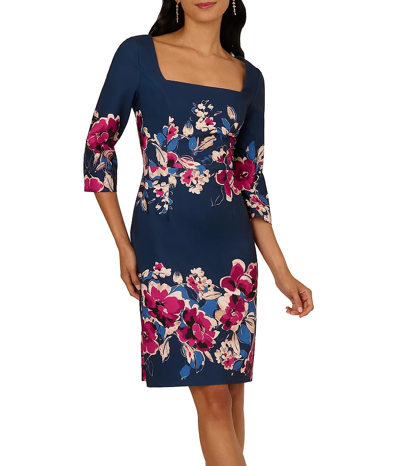 Adrianna Papell Twill Border Floral Square Neck 3/4 Sleeve Sheath Midi Dress