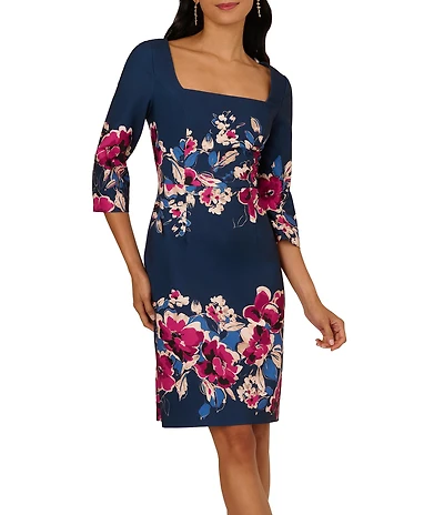 Adrianna Papell Twill Border Floral Square Neck 3/4 Sleeve Sheath Midi Dress