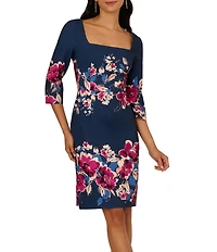 Adrianna Papell Twill Border Floral Square Neck 3/4 Sleeve Sheath Midi Dress