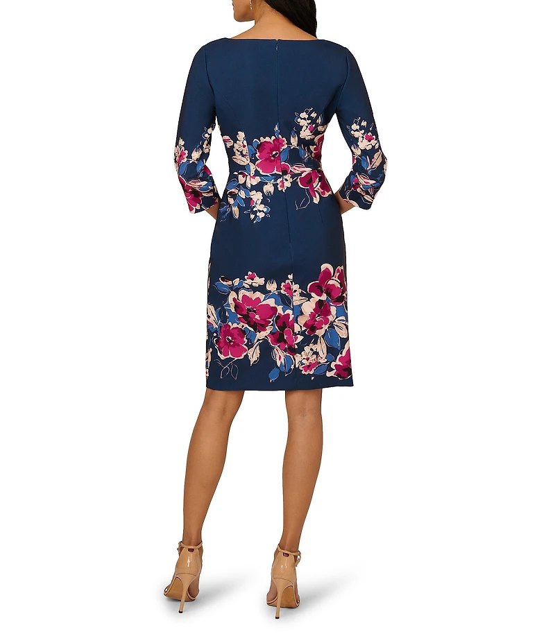 Adrianna Papell Twill Border Floral Square Neck 3/4 Sleeve Sheath Midi Dress