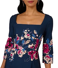 Adrianna Papell Twill Border Floral Square Neck 3/4 Sleeve Sheath Midi Dress