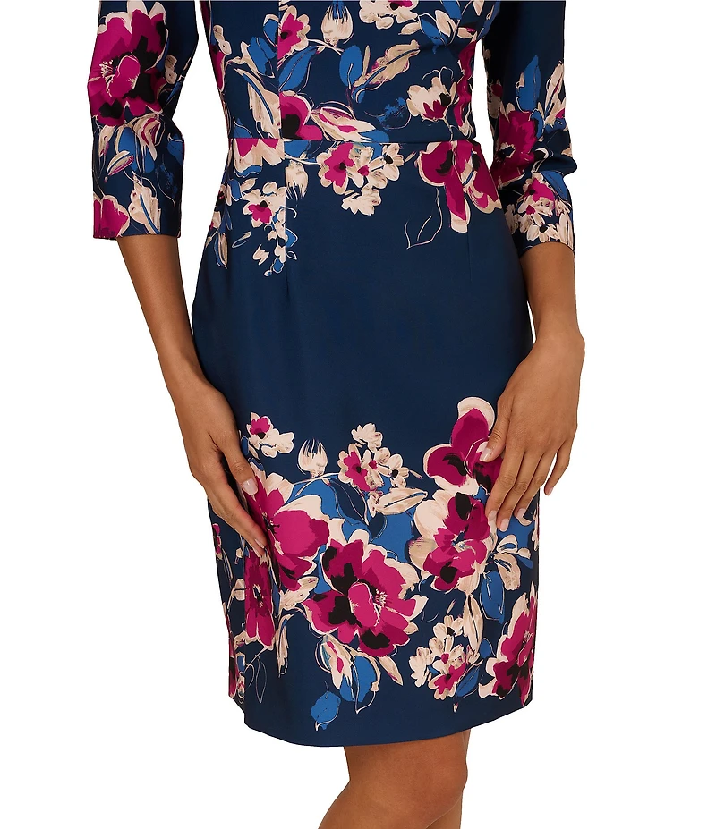 Adrianna Papell Twill Border Floral Square Neck 3/4 Sleeve Sheath Midi Dress