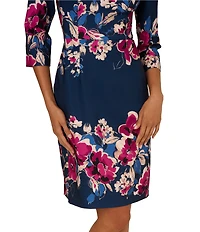 Adrianna Papell Twill Border Floral Square Neck 3/4 Sleeve Sheath Midi Dress