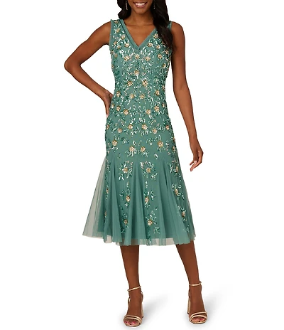 Adrianna Papell V-Neck Beaded Mesh Godet A-Line Midi Dress