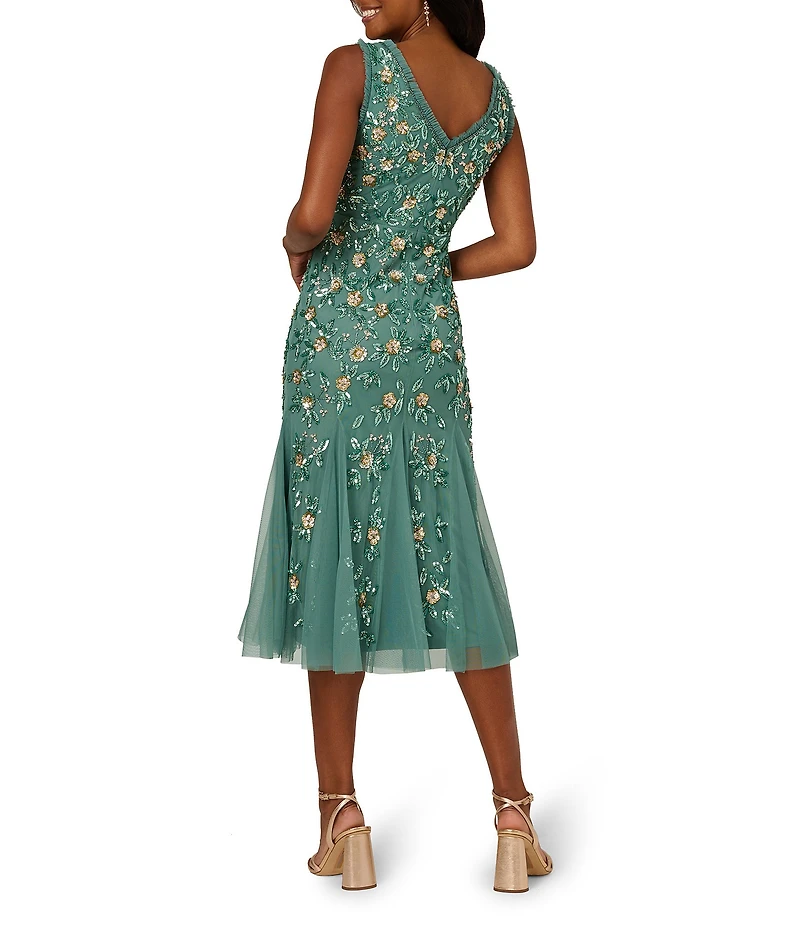 Adrianna Papell V-Neck Beaded Mesh Godet A-Line Midi Dress