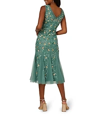 Adrianna Papell V-Neck Beaded Mesh Godet A-Line Midi Dress