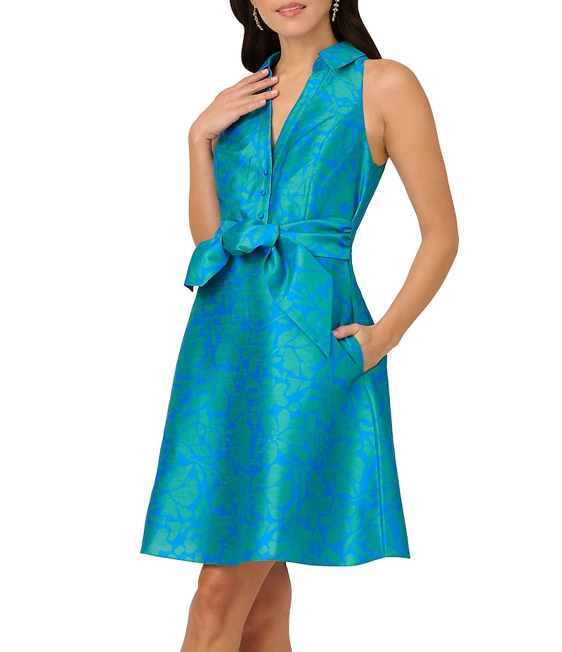 Adrianna Papell V-Neck Collared Sleeveless Tie Front Printed A-Line Dress