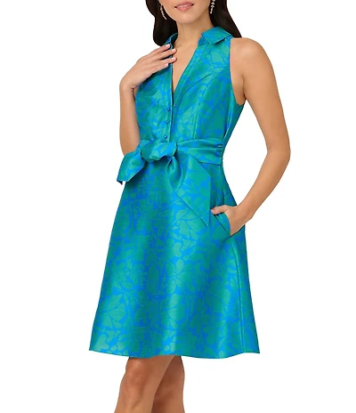 Adrianna Papell V-Neck Collared Sleeveless Tie Front Printed A-Line Dress