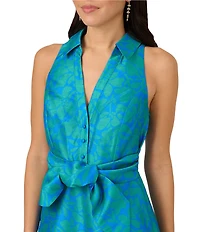 Adrianna Papell V-Neck Collared Sleeveless Tie Front Printed A-Line Dress