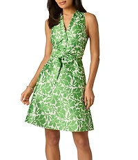 Adrianna Papell V-Neck Collared Sleeveless Tie Front Printed A-Line Dress