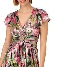 Adrianna Papell V-Neck Flutter Cap Sleeves Floral Metallic Crinkle Chiffon Midi Dress