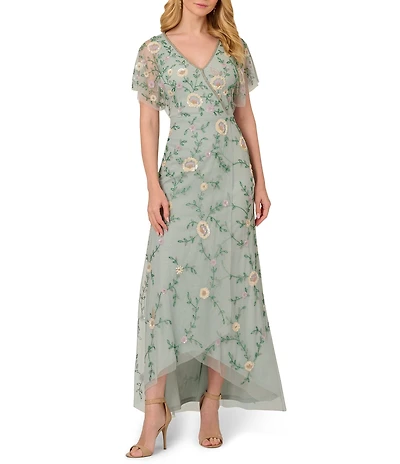 Adrianna Papell V-Neck Flutter Sleeve Floral Beaded Mesh Hi-Lo Gown