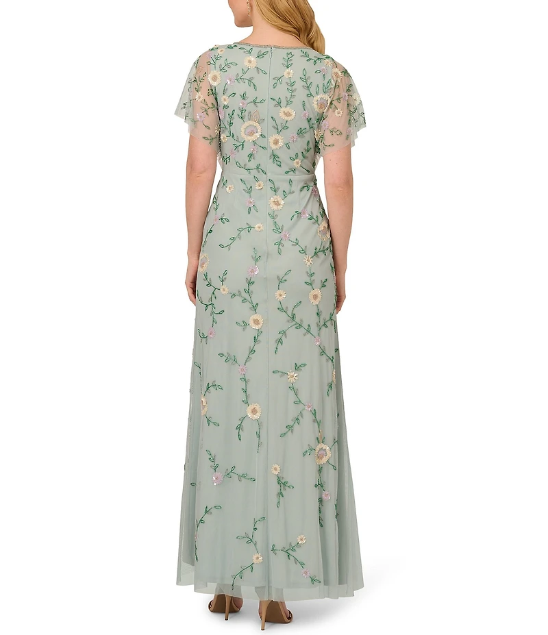 Adrianna Papell V-Neck Flutter Sleeve Floral Beaded Mesh Hi-Lo Gown