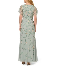 Adrianna Papell V-Neck Flutter Sleeve Floral Beaded Mesh Hi-Lo Gown