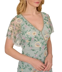 Adrianna Papell V-Neck Flutter Sleeve Floral Beaded Mesh Hi-Lo Gown