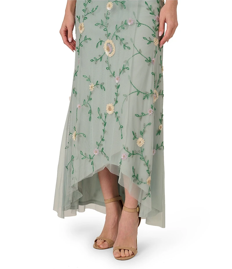 Adrianna Papell V-Neck Flutter Sleeve Floral Beaded Mesh Hi-Lo Gown