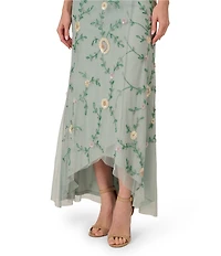 Adrianna Papell V-Neck Flutter Sleeve Floral Beaded Mesh Hi-Lo Gown