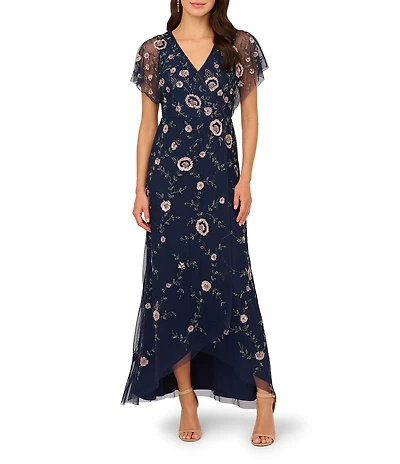 Adrianna Papell V-Neck Flutter Sleeve Floral Beaded Mesh Hi-Lo Gown