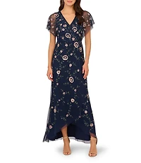 Adrianna Papell V-Neck Flutter Sleeve Floral Beaded Mesh Hi-Lo Gown