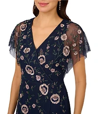 Adrianna Papell V-Neck Flutter Sleeve Floral Beaded Mesh Hi-Lo Gown