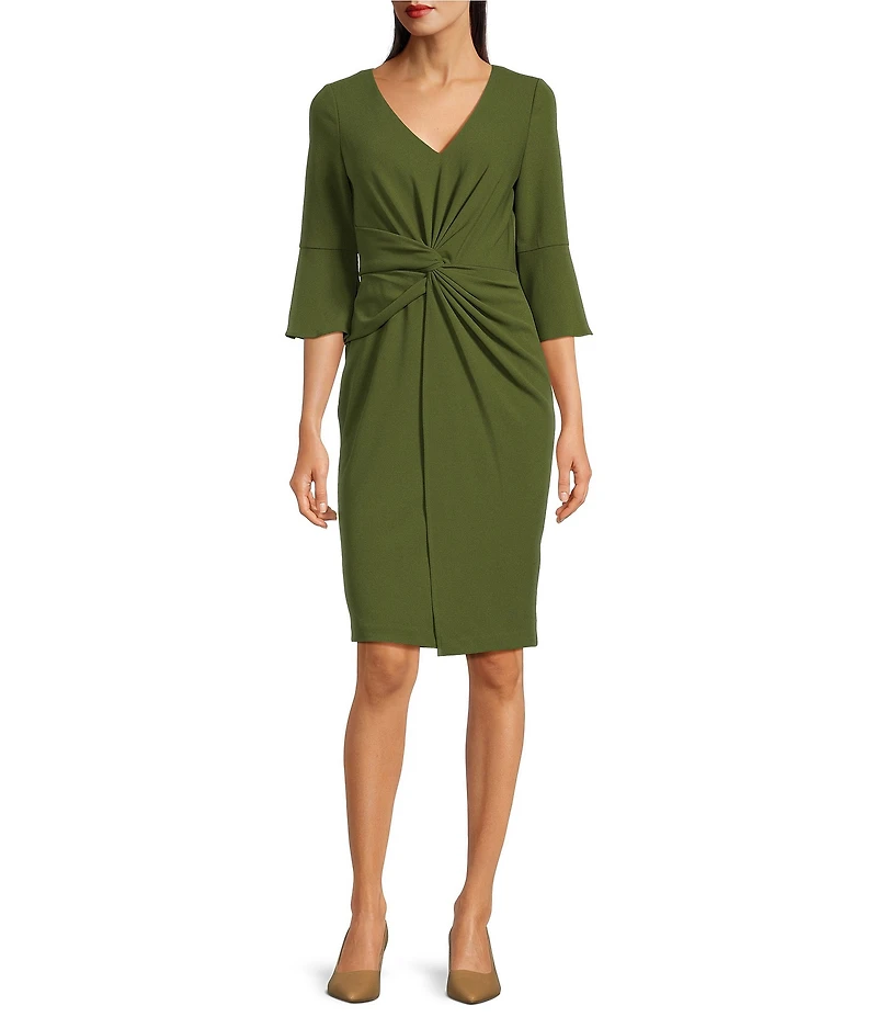 Adrianna Papell V-Neck Knot Front Crepe Sheath Dress