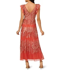 Adrianna Papell V-Neck Ruffle Shoulder Beaded Mesh Tiered Tea Length Dress