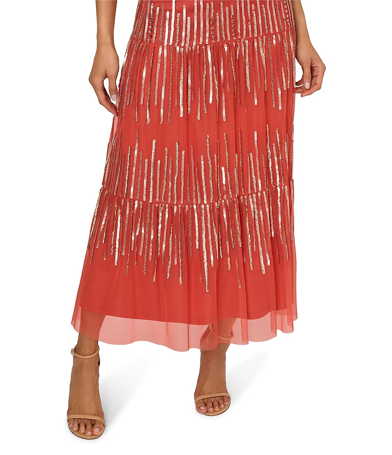 Adrianna Papell V-Neck Ruffle Shoulder Beaded Mesh Tiered Tea Length Dress