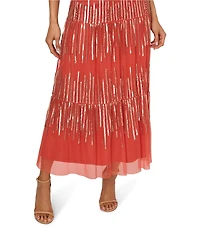 Adrianna Papell V-Neck Ruffle Shoulder Beaded Mesh Tiered Tea Length Dress