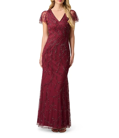 Adrianna Papell V Neck Short Sleeve Bead Mesh Long Dress