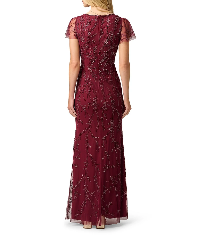 Adrianna Papell V Neck Short Sleeve Bead Mesh Long Dress