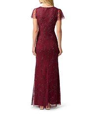 Adrianna Papell V Neck Short Sleeve Bead Mesh Long Dress