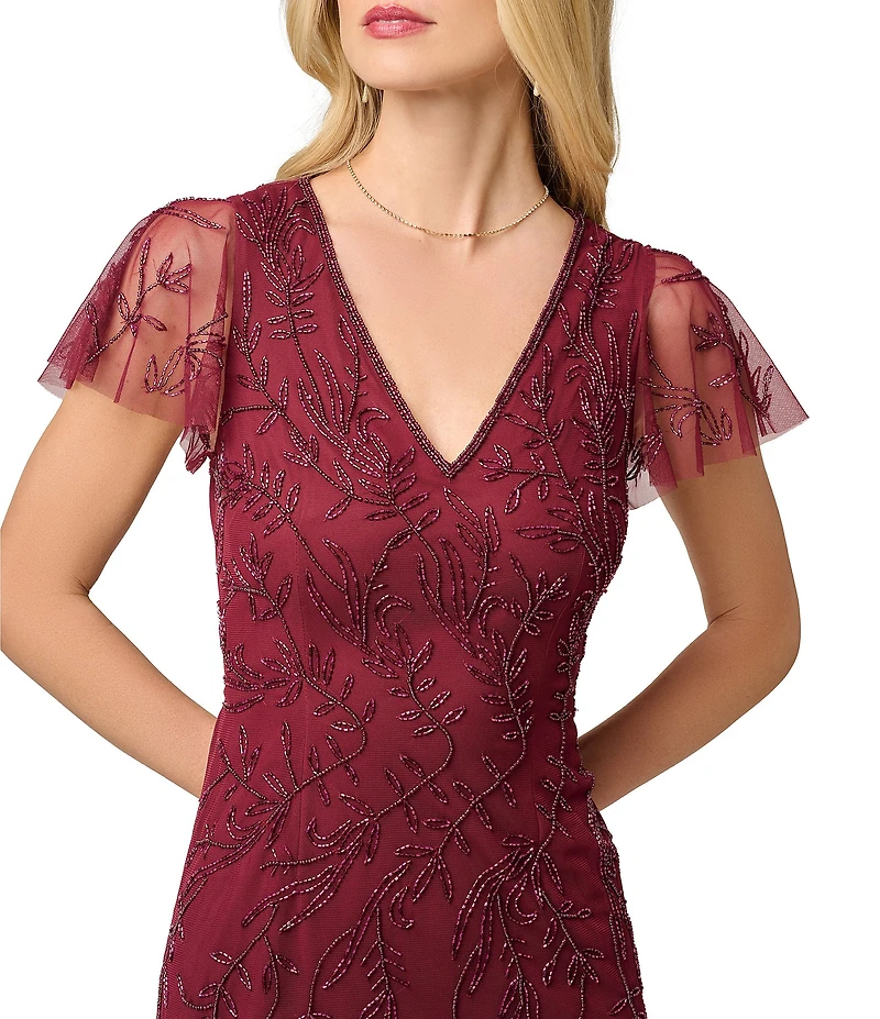Adrianna Papell V Neck Short Sleeve Bead Mesh Long Dress