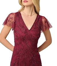 Adrianna Papell V Neck Short Sleeve Bead Mesh Long Dress