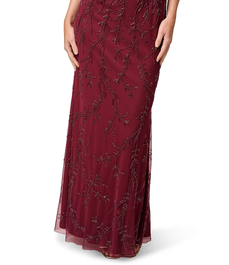 Adrianna Papell V Neck Short Sleeve Bead Mesh Long Dress