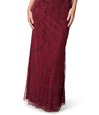 Adrianna Papell V Neck Short Sleeve Bead Mesh Long Dress