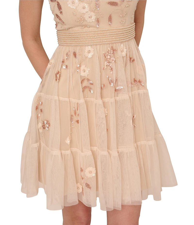 Adrianna Papell V-Neck Short Sleeve Beaded Mesh Tiered A-Line Dress